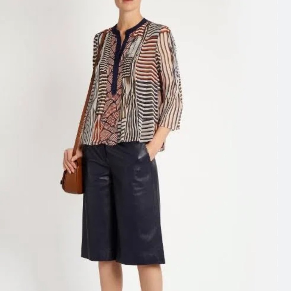 Diane Von Furstenberg Kimberlee Silk Multipattern Top Blouse Sheer Blue Orange 2